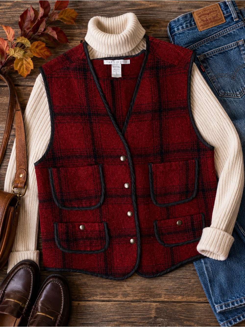 Vintage The Limited Red Plaid Wool Blend Utility Vest 90s Women’s M